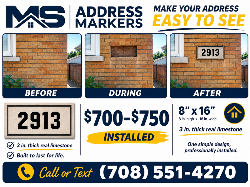 Before, during, and after photos of a carved limestone address stone installed into a brick home